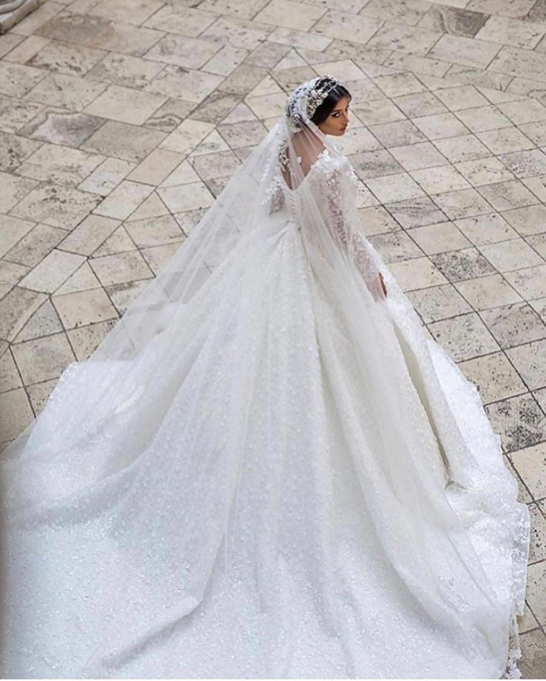 A-Line Deep V-Neck Long Sleeve Train Bridal Gown with Lace Appliques