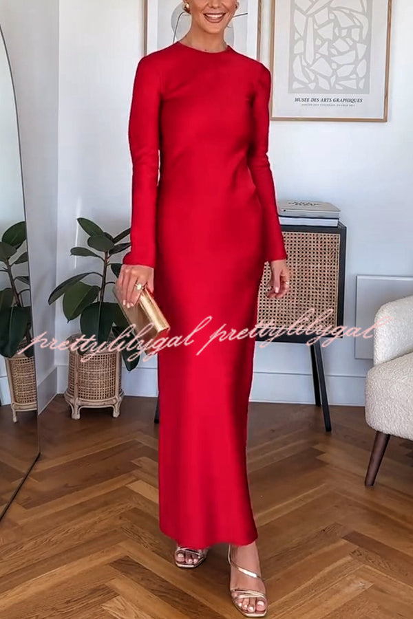 Winter Wedding Satin Back Tie-up Long Sleeve H-line Maxi Dress