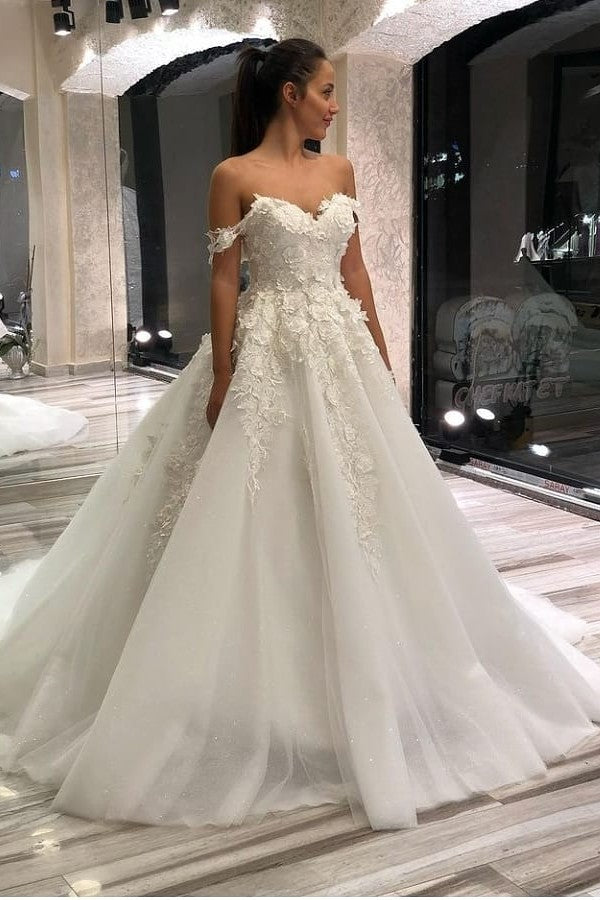 A-Line Bridal Gown Sweetheart Off-the-Shoulder With Lace Appliques Tulle