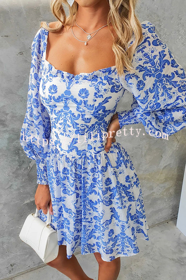 Formia Chiffon Unique Print Lantern Sleeve Back Smocked Mini Dress - Fashionpara