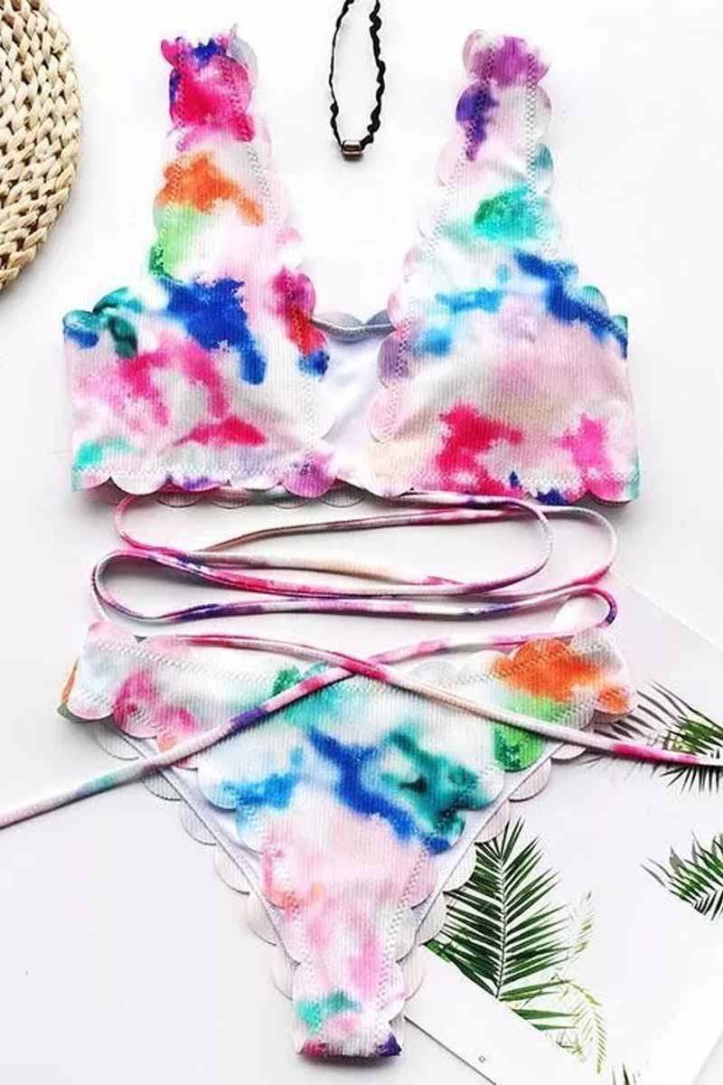 Tie Dye Flower Print Two Piece Swimsuit