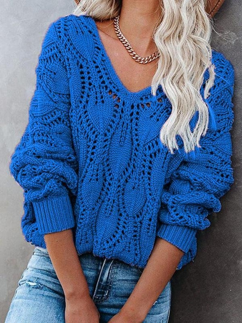 Hollow Out V-Neck Crochet Chunky Knit Sweater