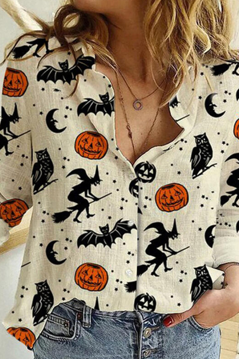 Print Lapel Long Sleeves Button Up Casual Halloween Shirt Blouses