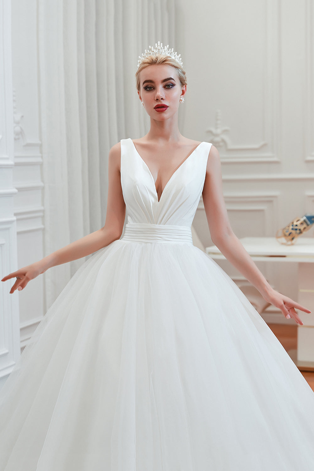 Wide Strap Deep V-Neck Floor-Length A-Line Bridal Gown with Tulle