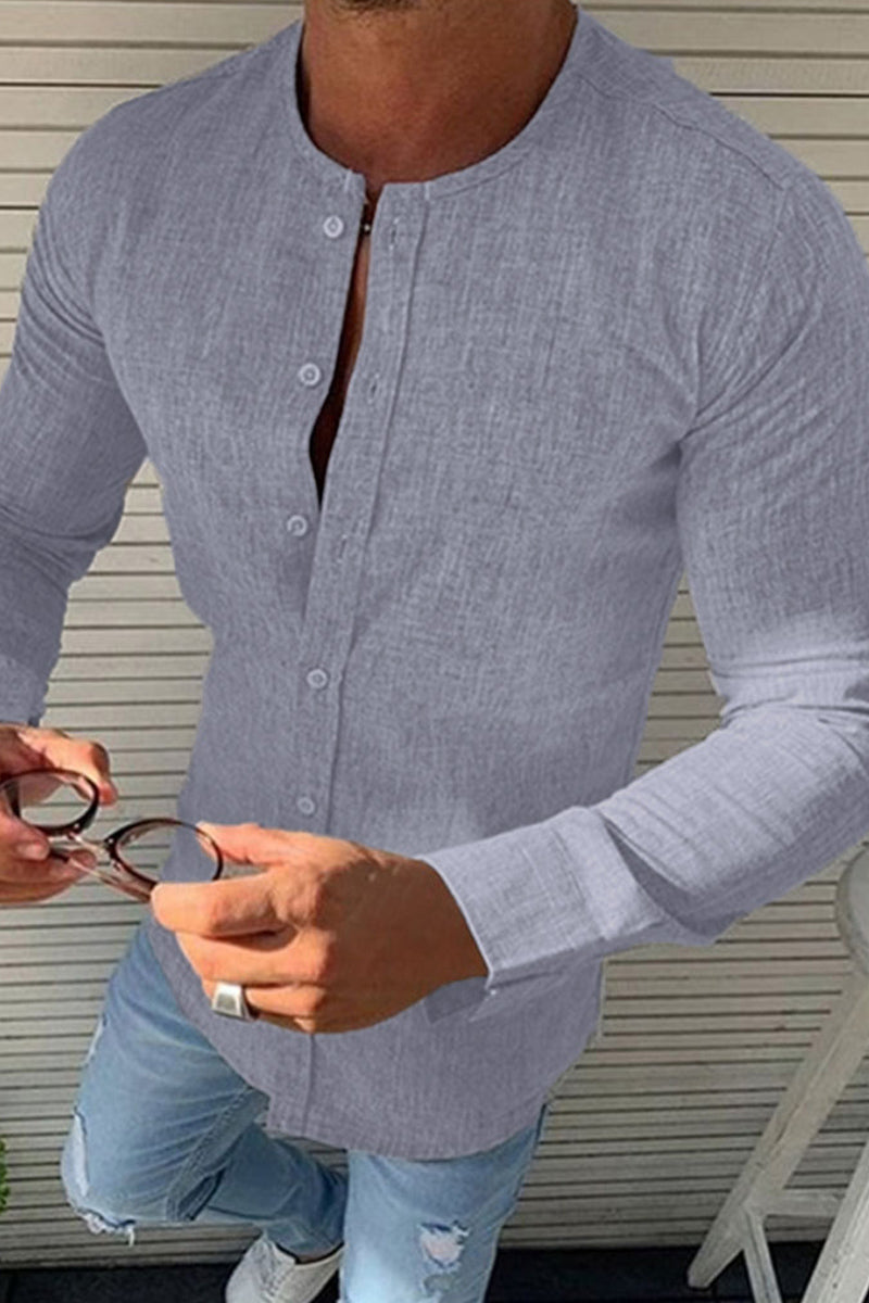 Men's Round Neck Linen Solid Shirt