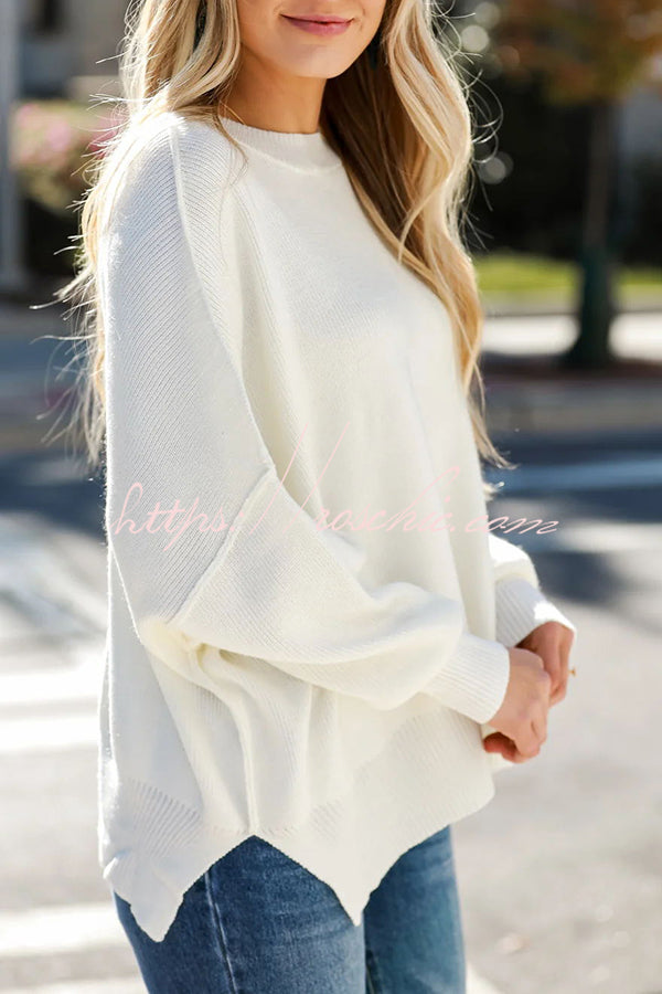 Distressed Knit Side Slit Long Sleeve Pullover Sweater