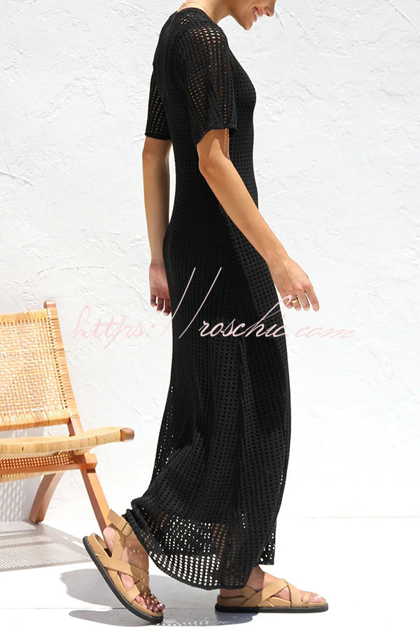 Sunkissed Shores Crochet Knit Short Sleeve Lightweight Maxi Dress(separate Slip) - Fashionpara