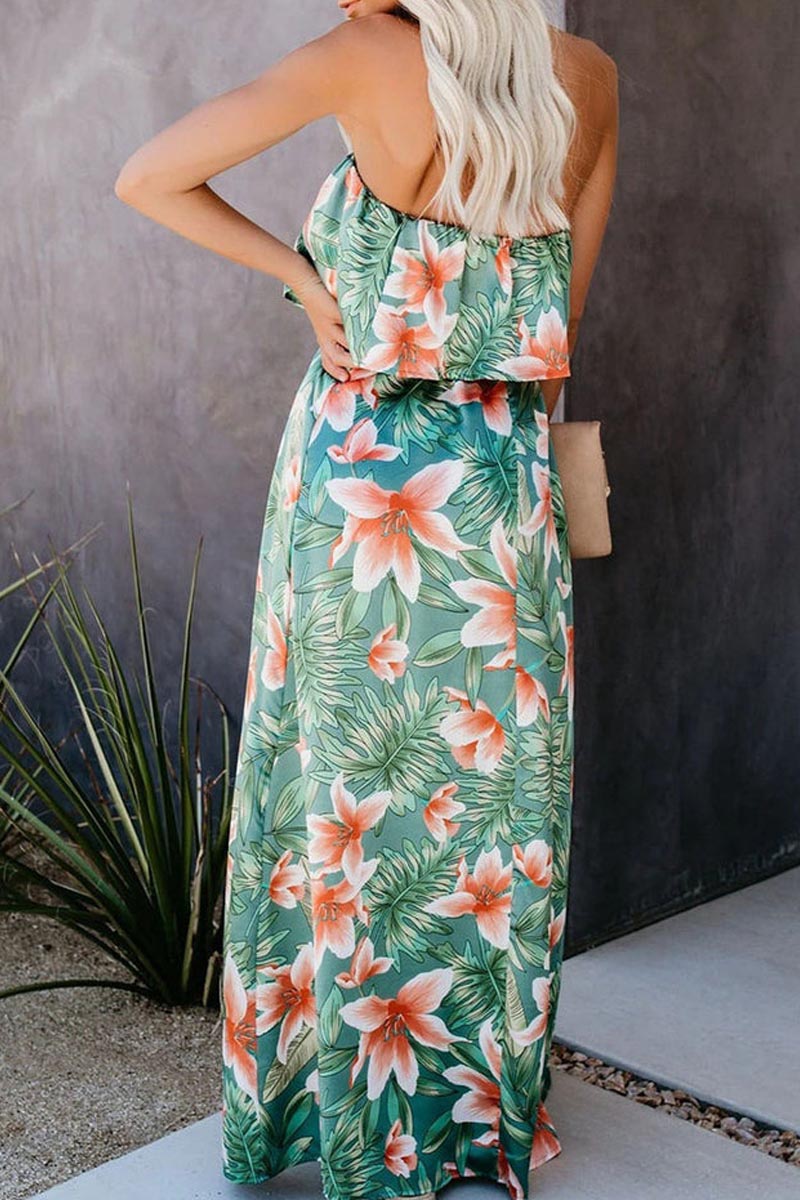 Tropical Plant Print Off-shoulder Ruffled Slit Maxi Dress