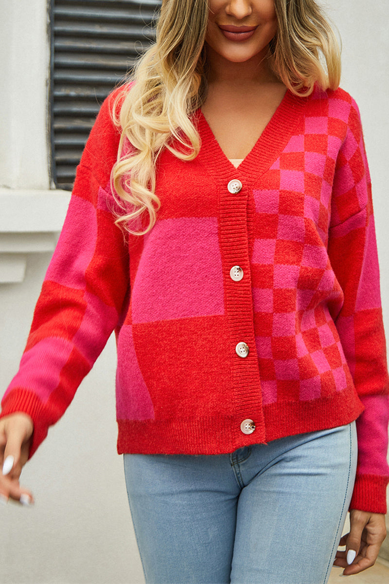 Plaid Panel Color Contrast Cardigan Sweater