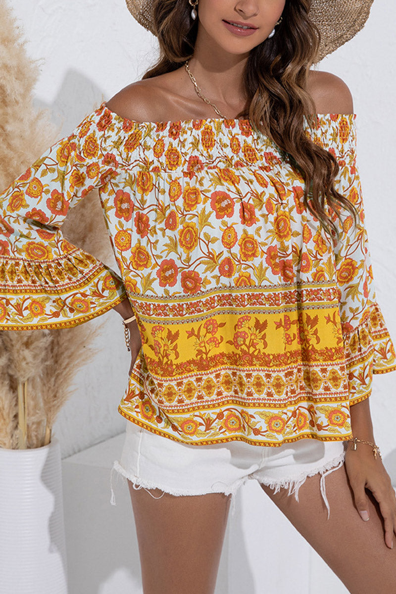 Off Shoulder Tassel Design Floral Print Top