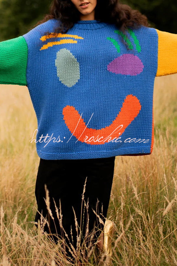 Feel Good Knit Colorful Smiley Face Loose Pullover Sweater