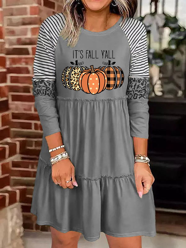 It's Fall Y'all Pumpkin Print Long Sleeve Dress