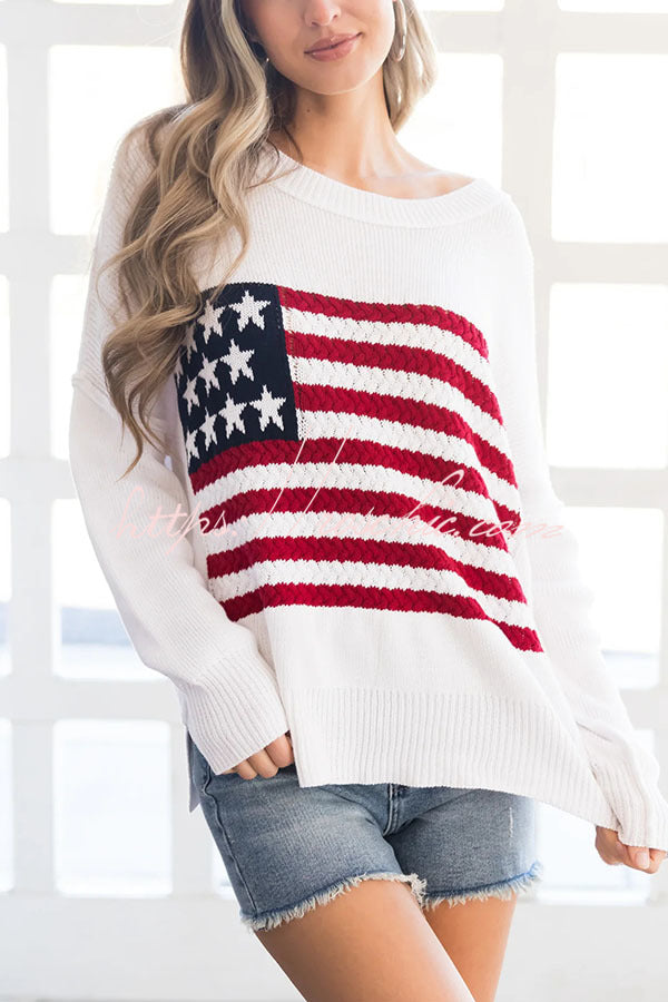 Independence Day Patchwork Long Sleeved Crew Neck Knitted Sweater