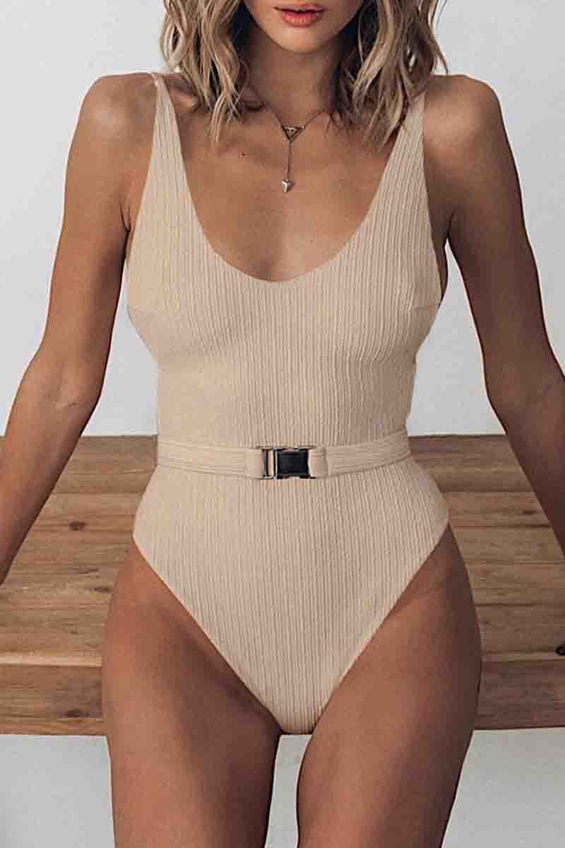 Belt Design Solid One-piece Swimsuit (5 Colors)