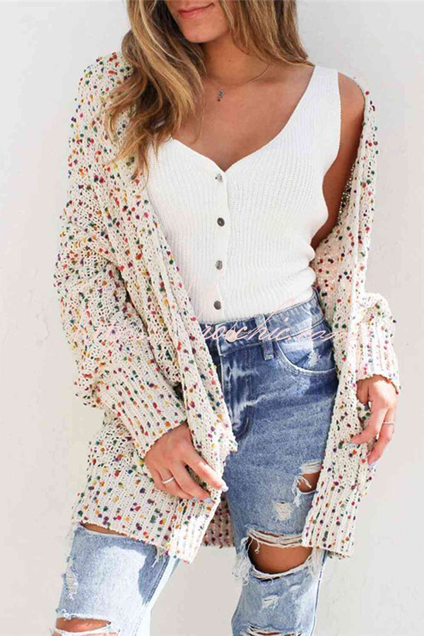 Aminga Colorful Spotted Pocket Crochet Long Sleeved Cardigan