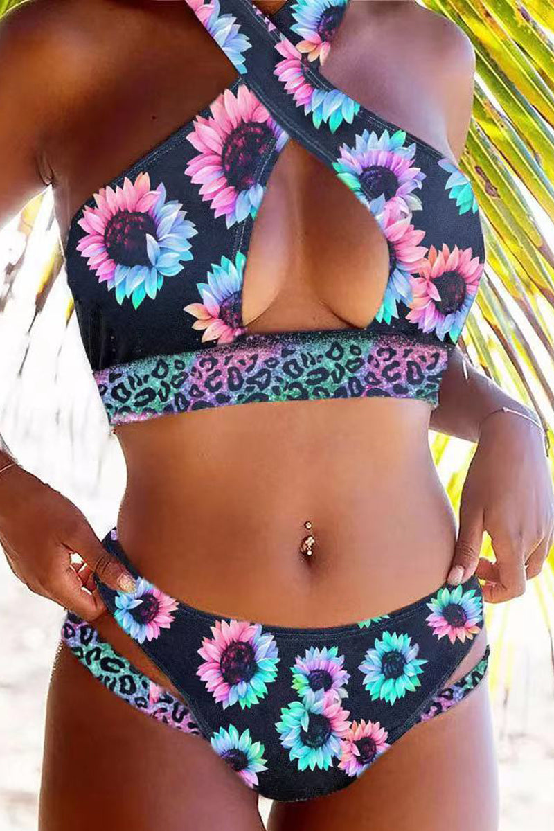 Leopard Sunflower Hollow Out Halter Two Piece Swimsuit