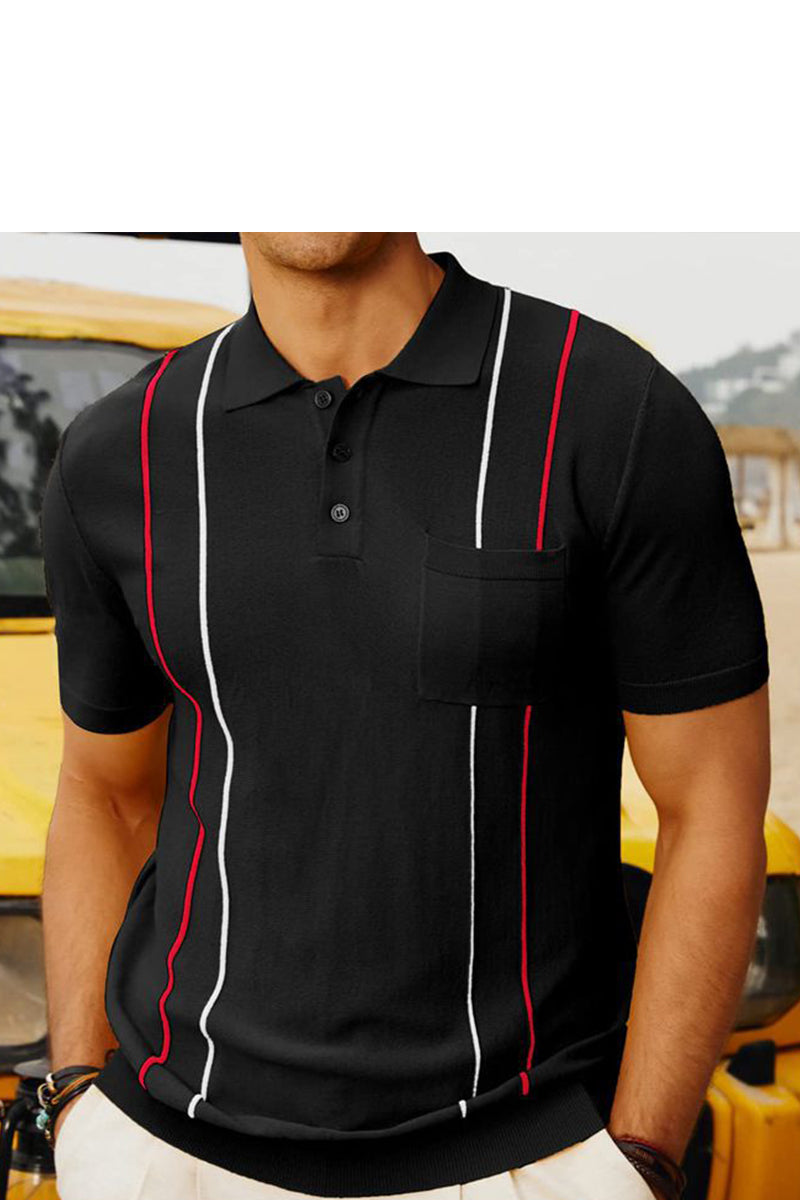 Men's Summer Striped Pocket Knit Short Sleeve Polo Shirt