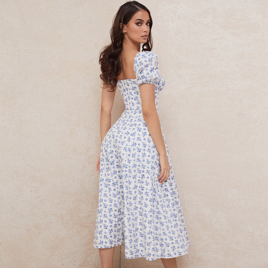 Sexy Daisy Printed Puff Sleeve High Slit Smock Maxi Sundress - Blue