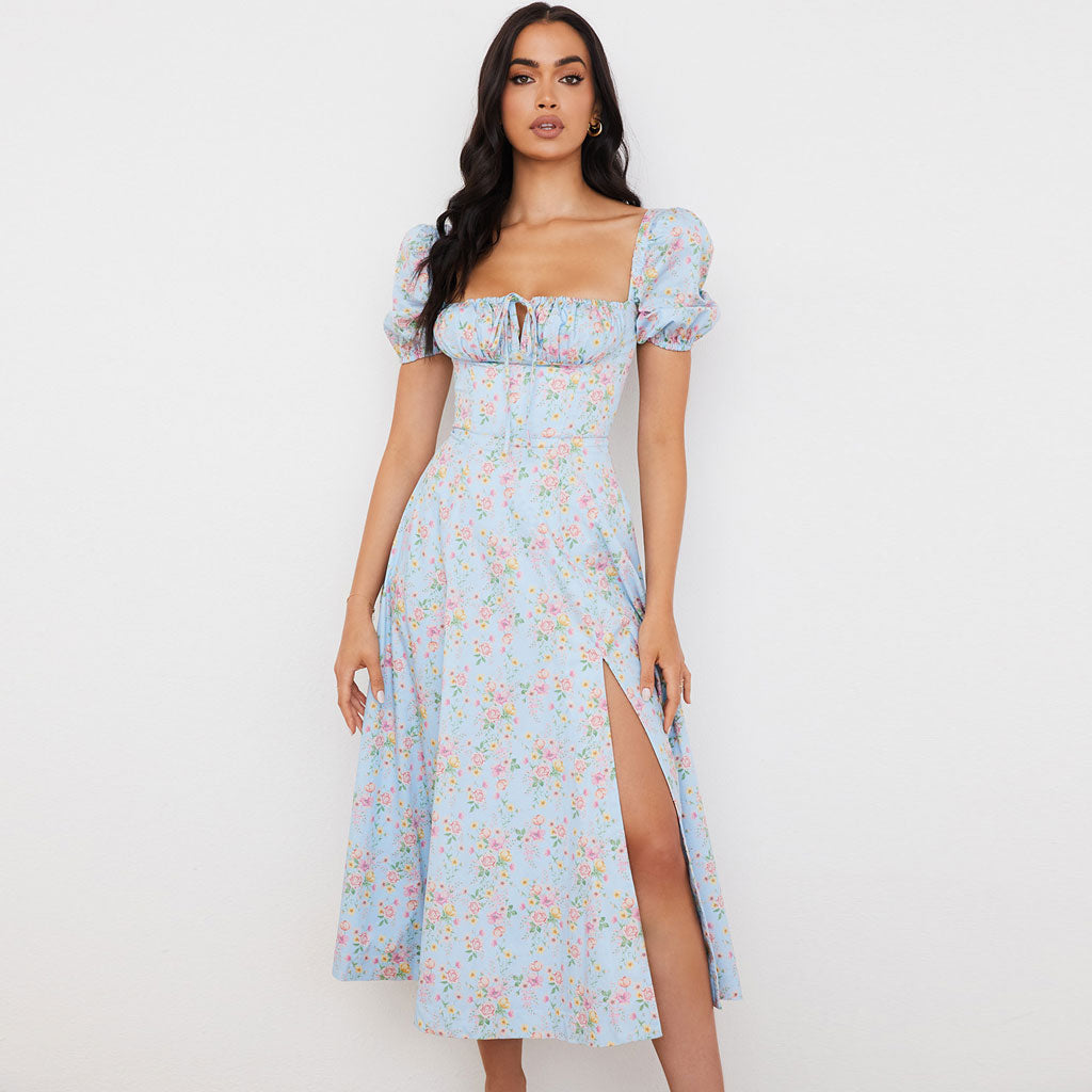 Sexy Daisy Printed Puff Sleeve High Slit Smock Maxi Sundress - Light Blue