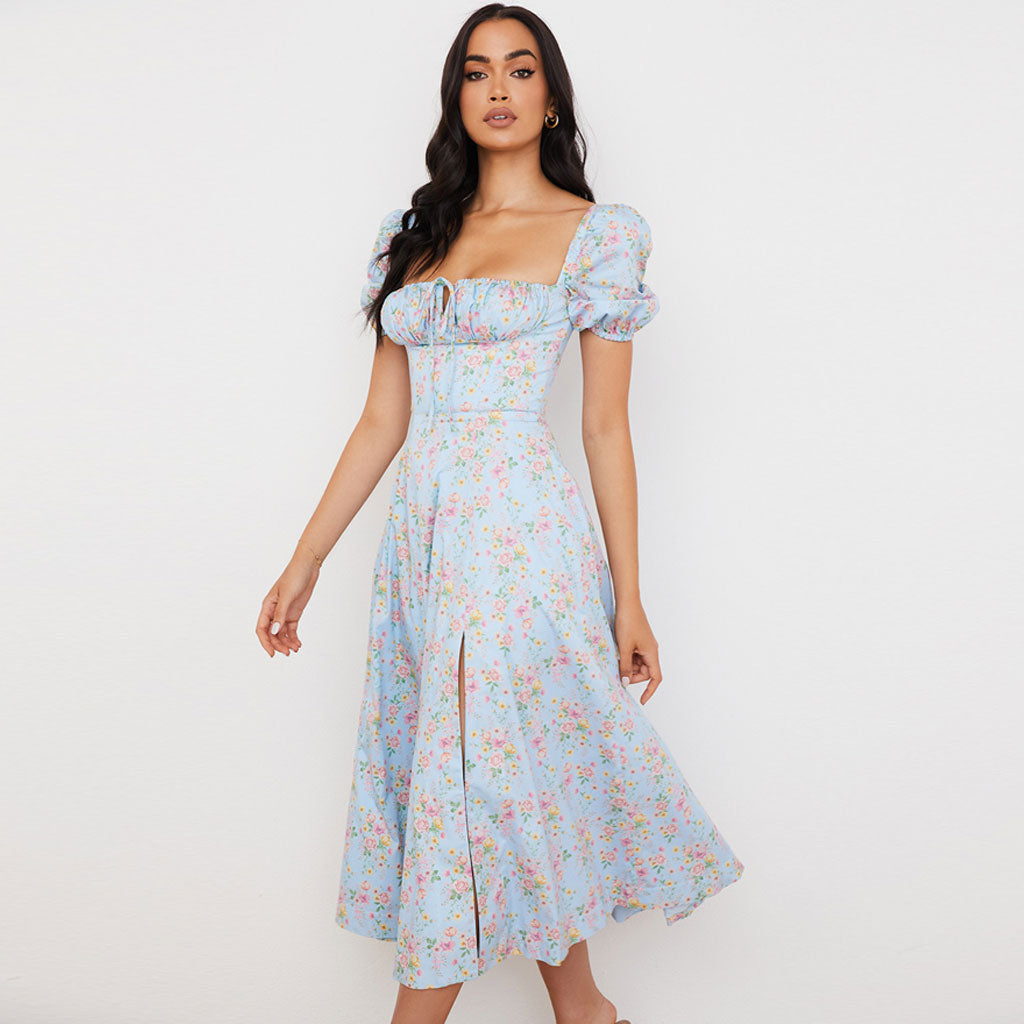 Sexy Daisy Printed Puff Sleeve High Slit Smock Maxi Sundress - Light Blue