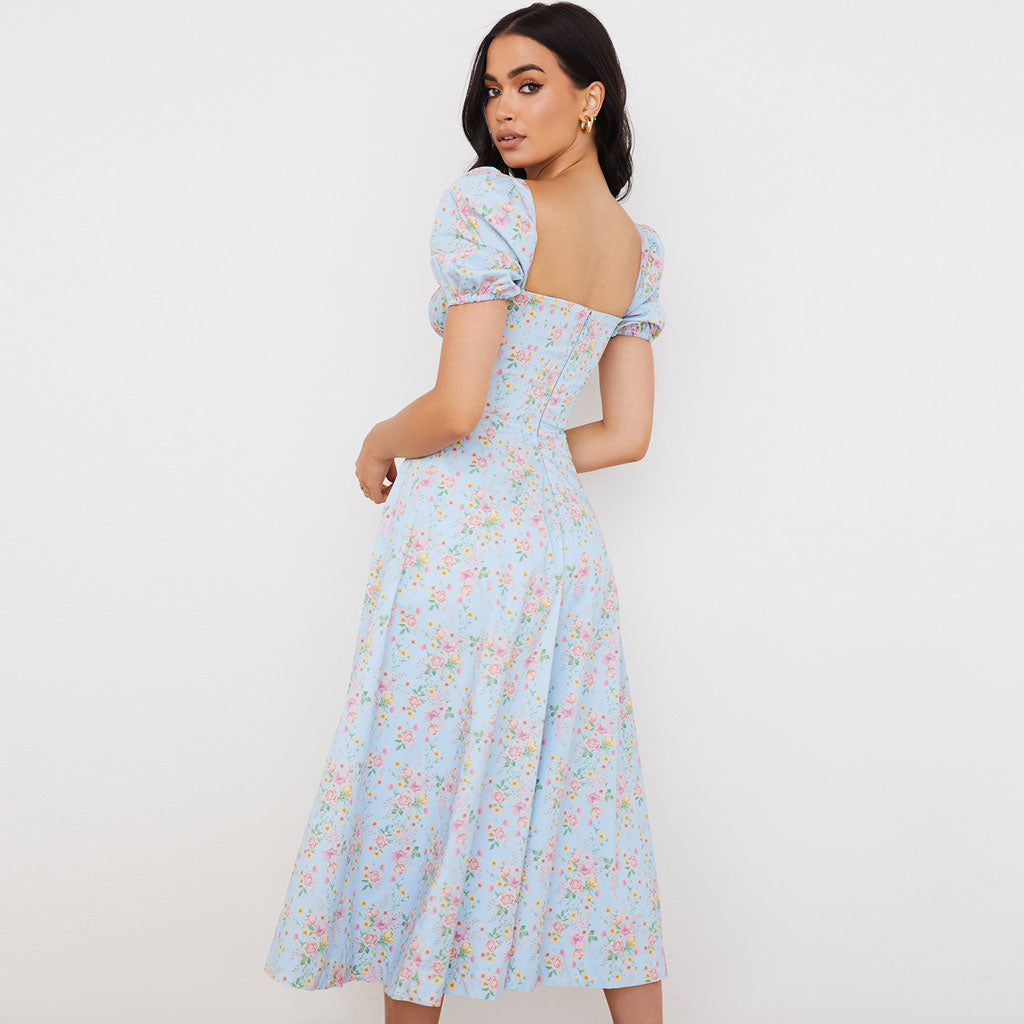 Sexy Daisy Printed Puff Sleeve High Slit Smock Maxi Sundress - Light Blue