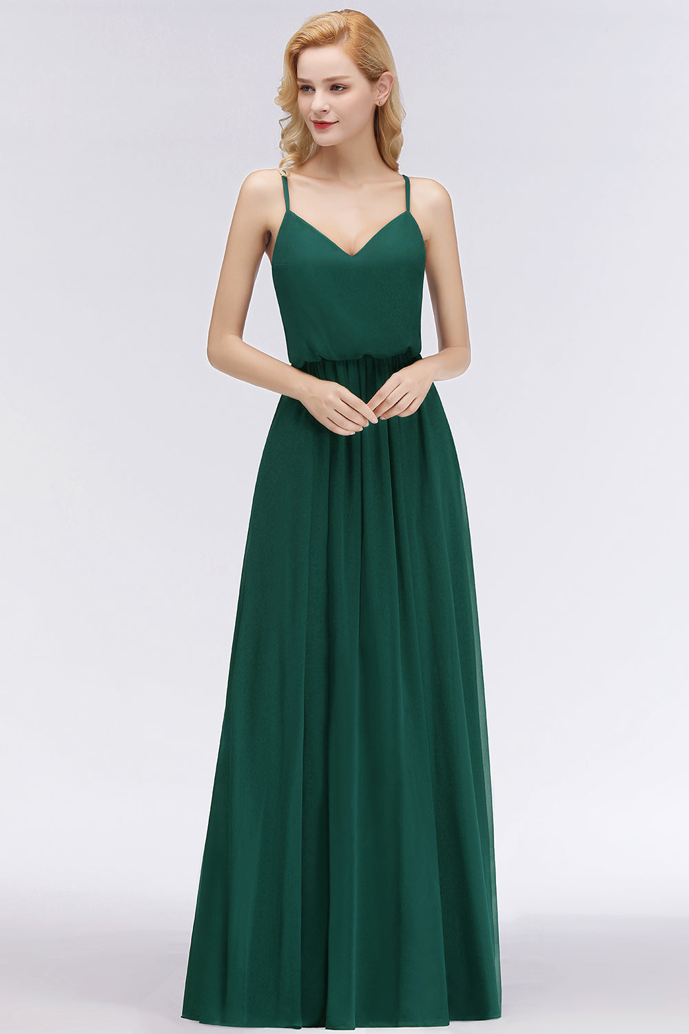 Dark Green Chiffon Spaghetti-Straps Modest Bridesmaid Dresses - Fashionpara