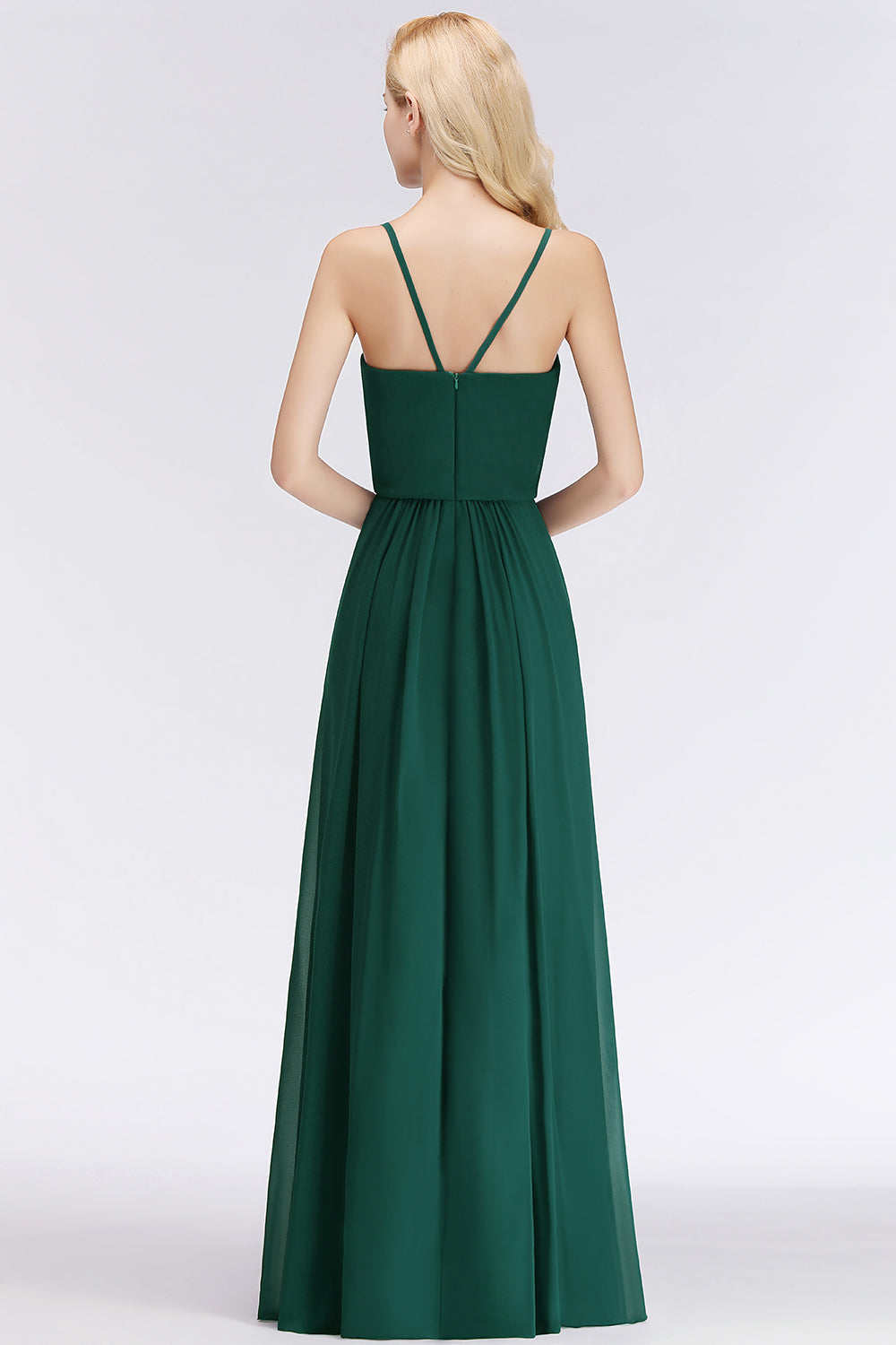 Dark Green Chiffon Spaghetti-Straps Modest Bridesmaid Dresses - Fashionpara