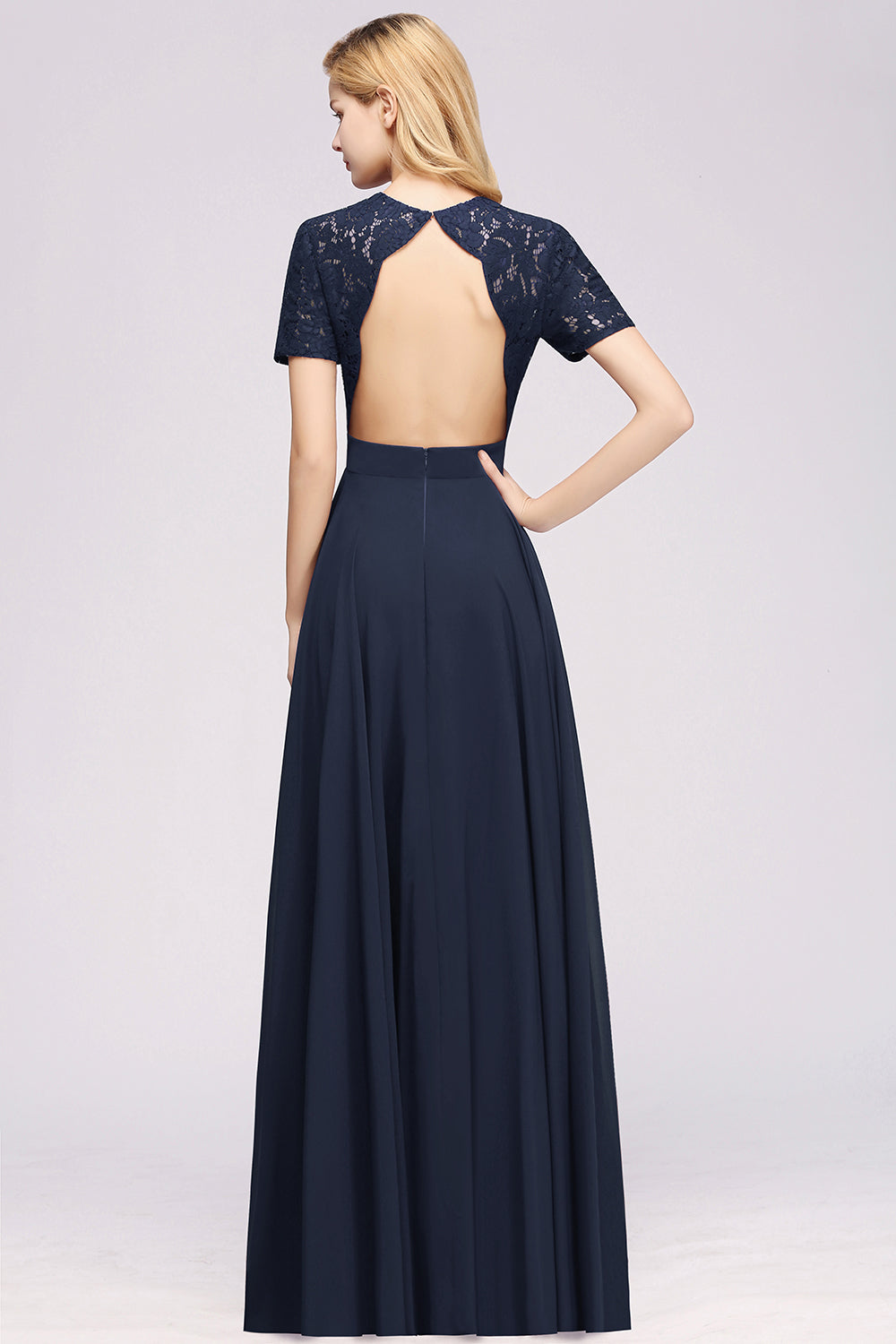 Dark Navy Open-Back Long Bridesmaid Dresses With Short Sleeves - Fashionpara