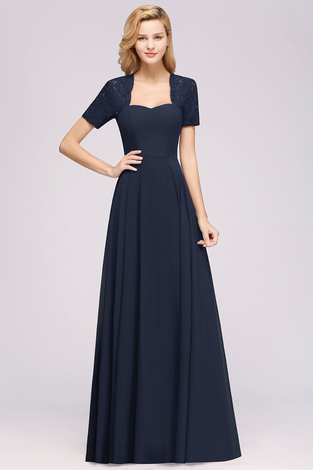 Dark Navy Open-Back Long Bridesmaid Dresses With Short Sleeves