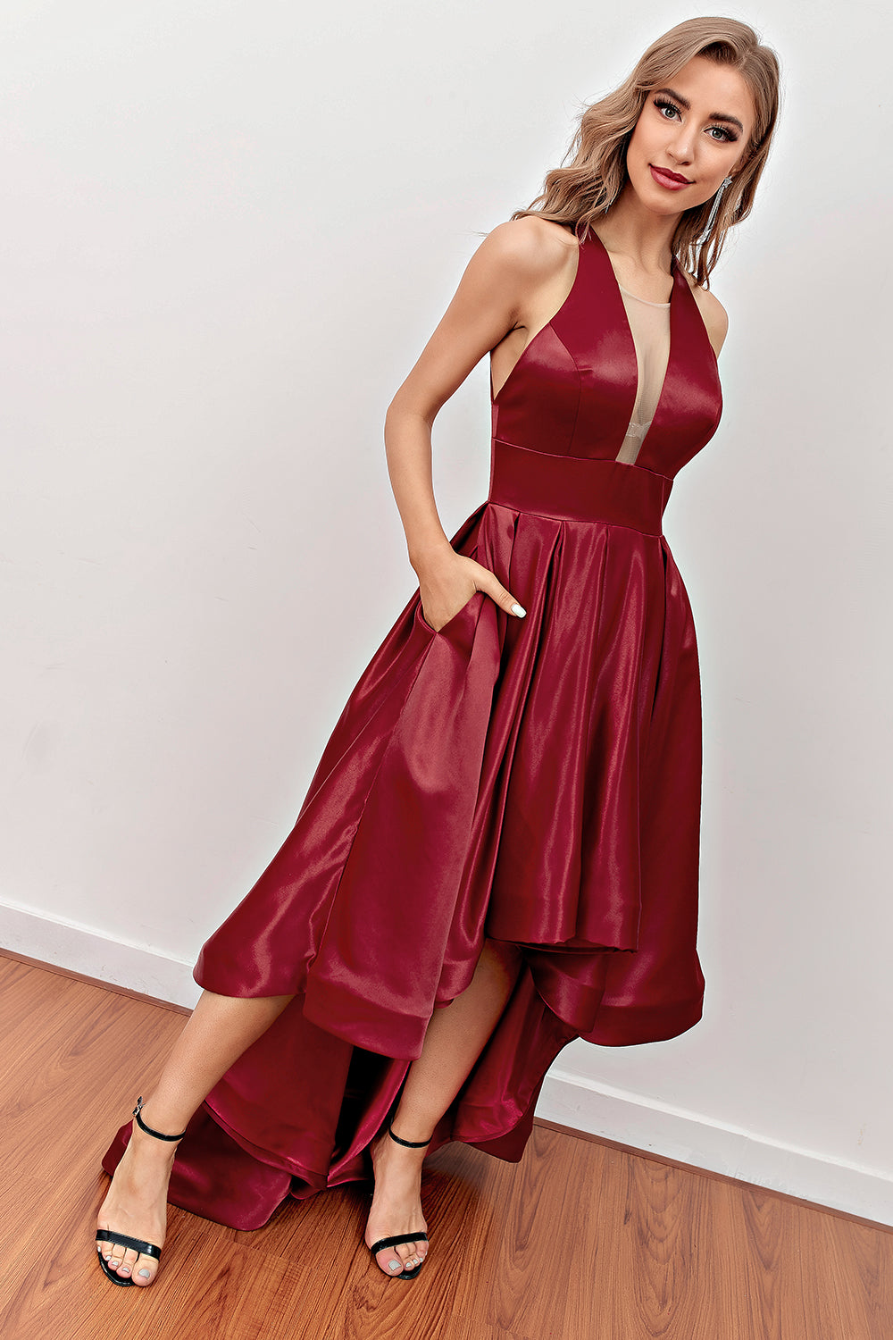 Burgundy High Low Prom Dress with Pockets