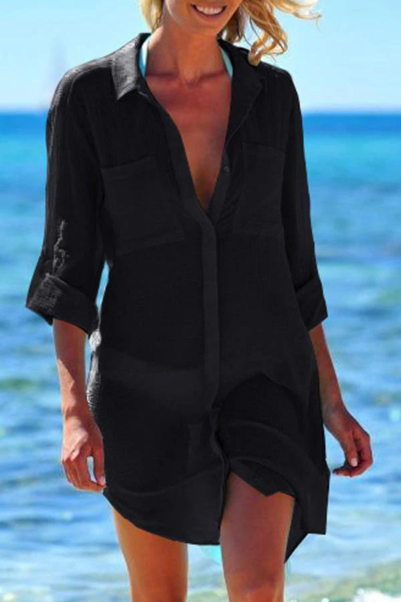 Solid Color Roll Up Sleeve Swimsuit Cover Up