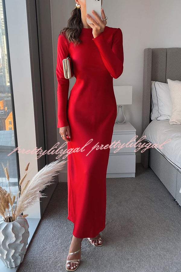 Winter Wedding Satin Back Tie-up Long Sleeve H-line Maxi Dress