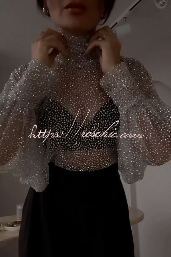 Wear Tool Glitter Decoration Mesh High Neck Lantern Sleeve Blouse