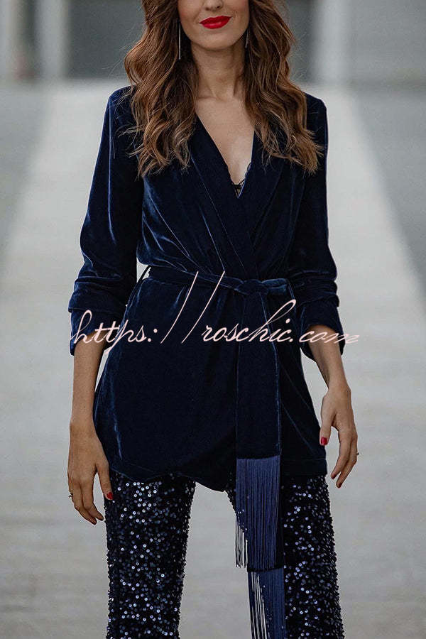 Crushing on You Velvet Lapel Tassel Belt Loose Blazer