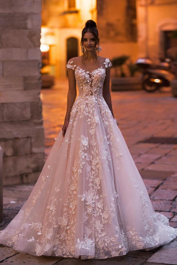 A-Line Bateau Backless Floor-Length Sequin Bridal Gown with Lace Appliques