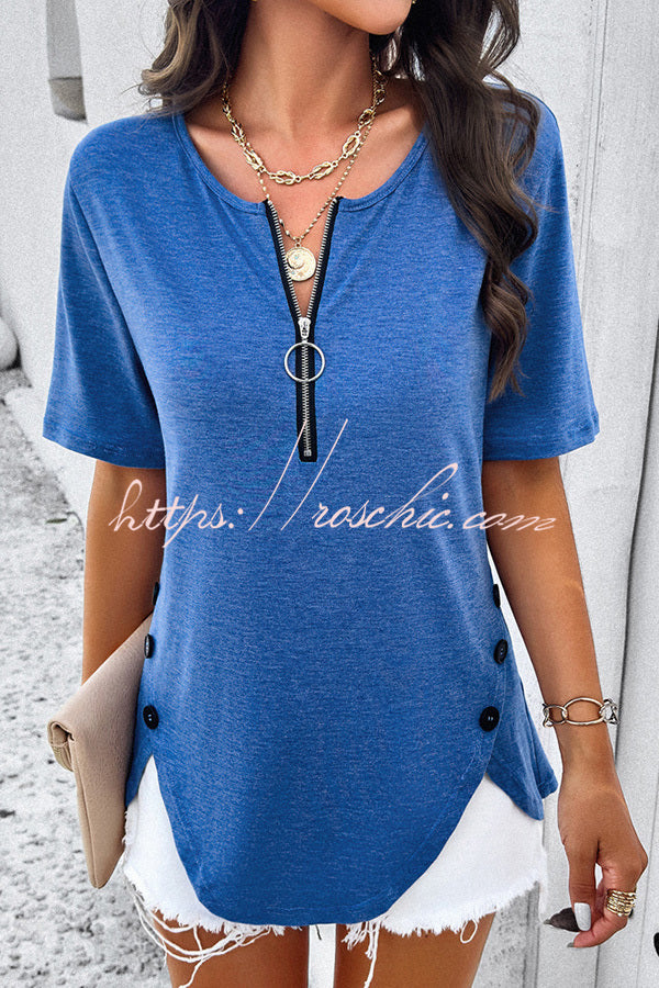 Plain Short Sleeved Zippered Slit Button T-Shirt