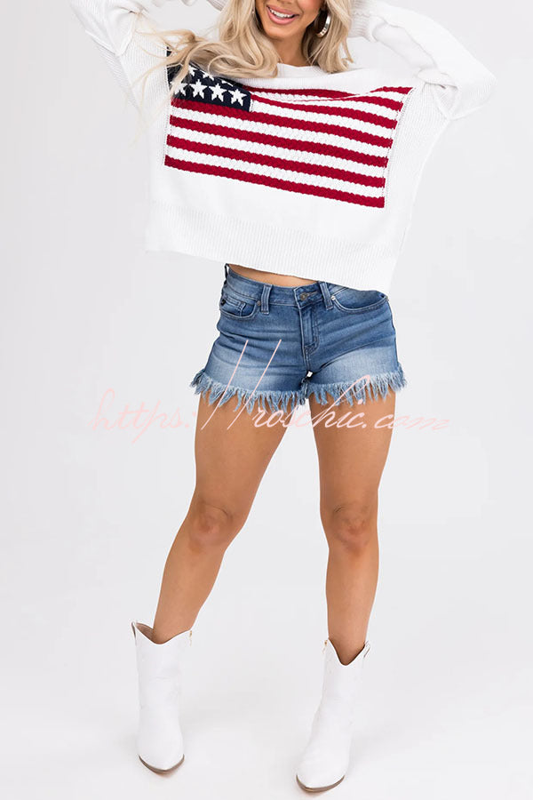 Independence Day Patchwork Long Sleeved Crew Neck Knitted Sweater