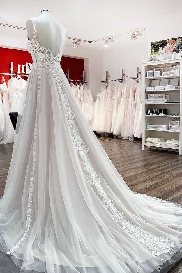 A-Line Bridal Gown with Ruffles, Open Back, and Tulle Lace