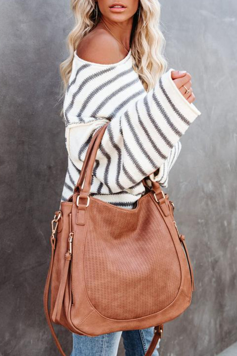 O Neck Striped Loose White Sweater