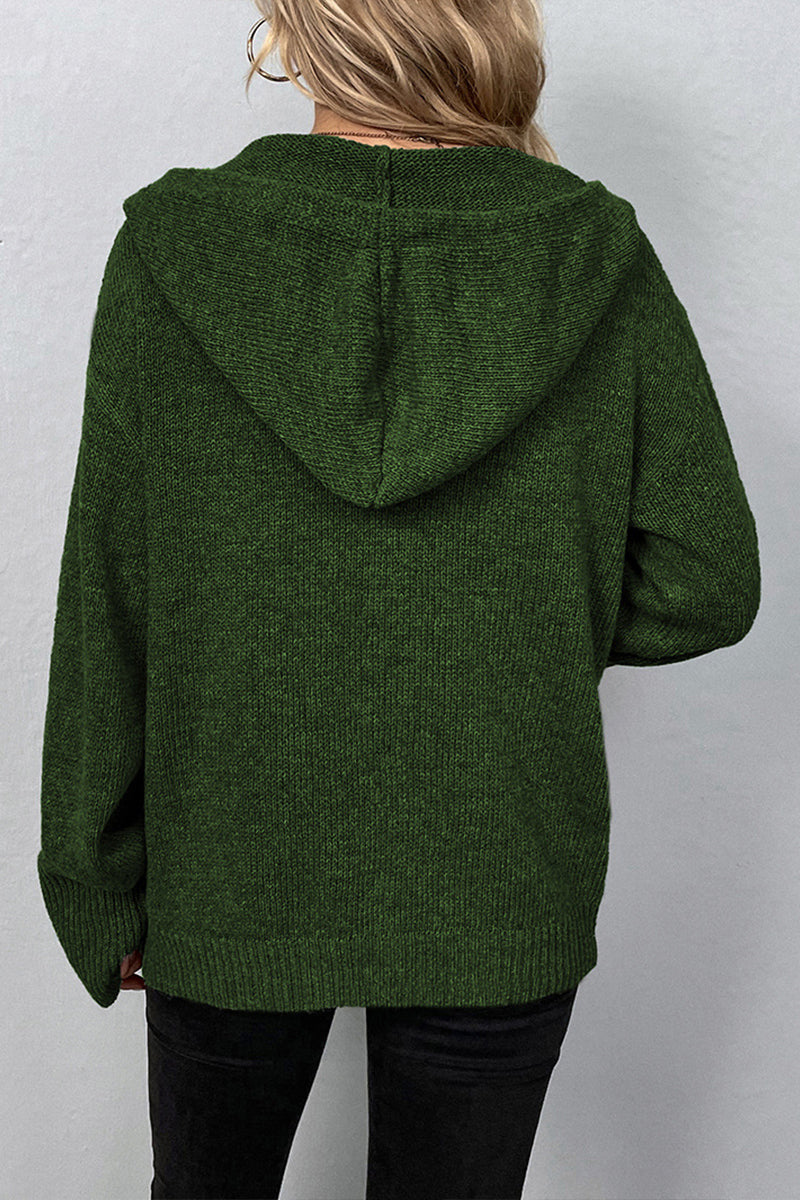 Hooded Single-breasted Drawstring Knit Cardigan Sweater