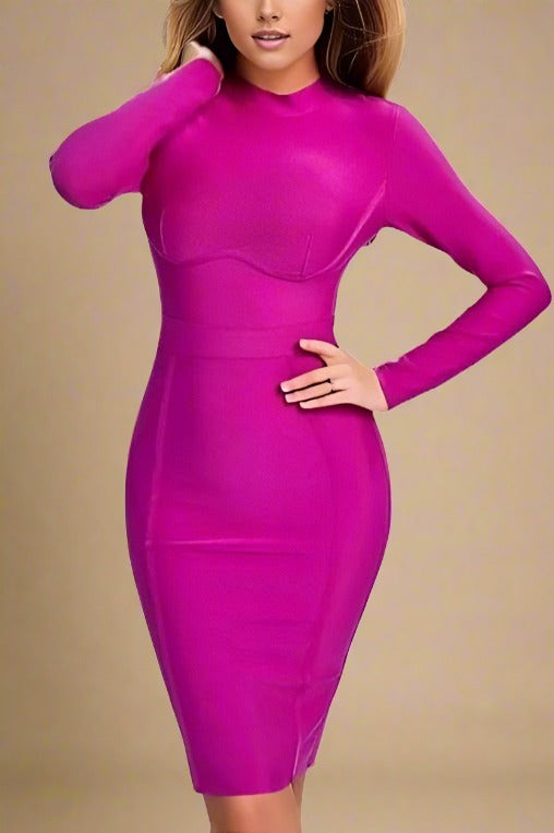 Dee Long Sleeve Bandage Dress - Neon Purple - Fashionpara