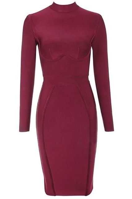 Dee Long Sleeve Bandage Dress - Red Wine - Fashionpara