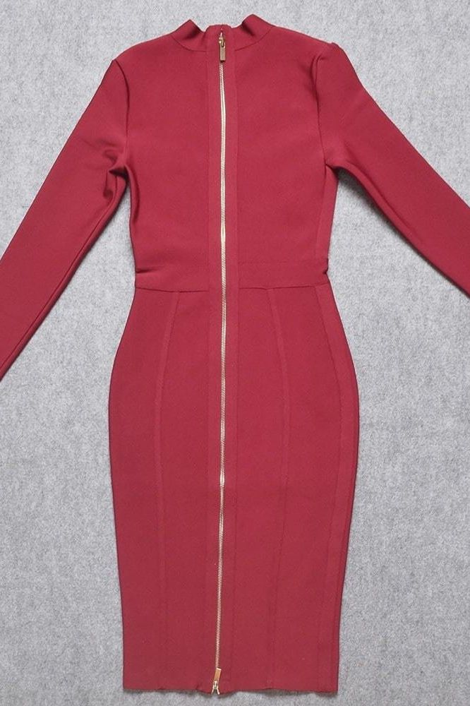 Dee Long Sleeve Bandage Dress - Red Wine - Fashionpara