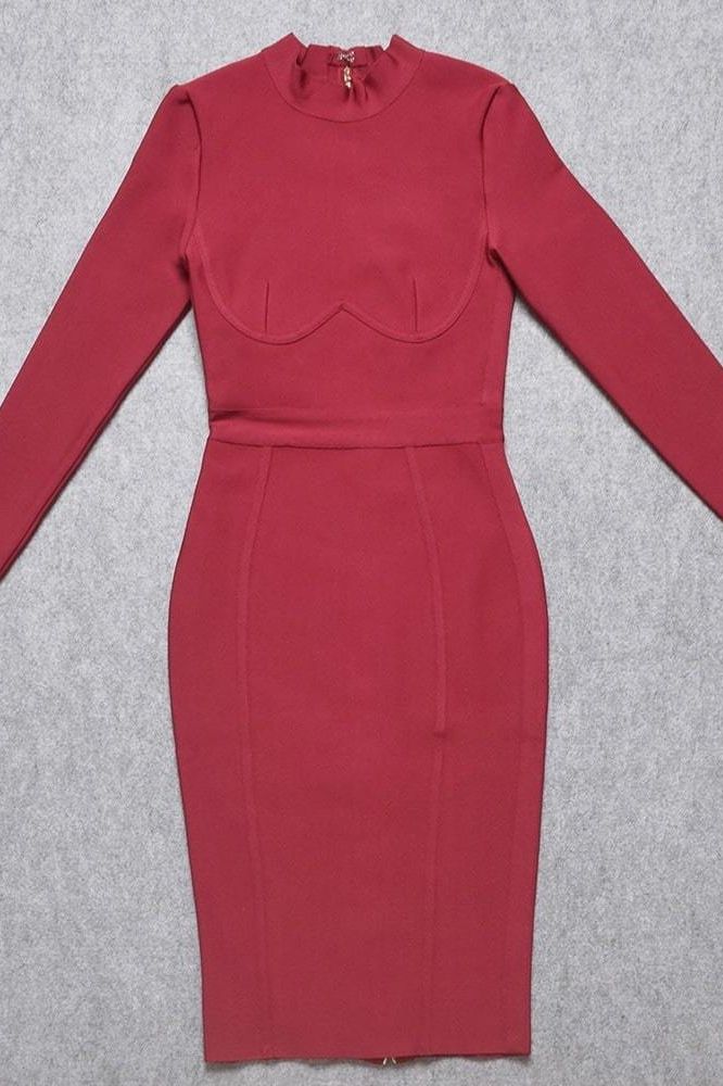 Dee Long Sleeve Bandage Dress - Red Wine - Fashionpara