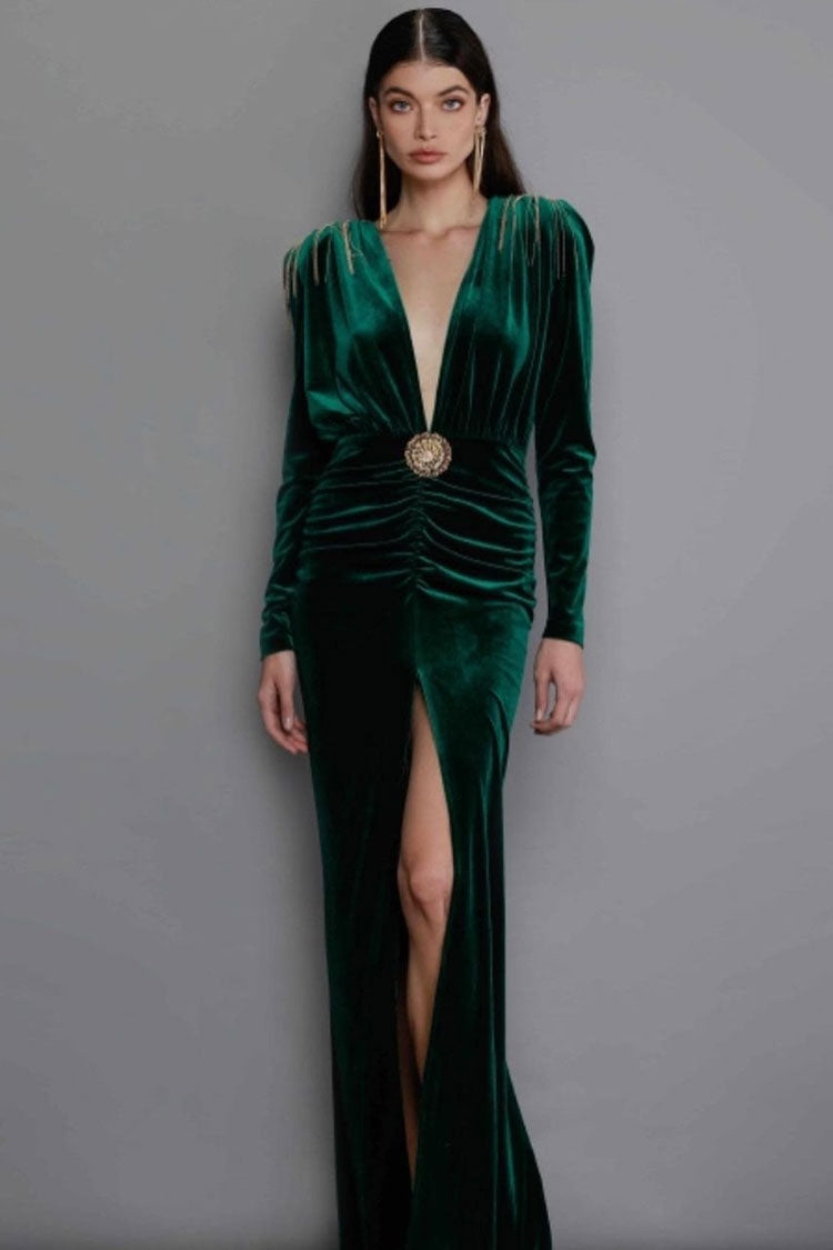 Deep V Long Sleeve Fringe Evening Maxi Dress - Emerald Green - Fashionpara