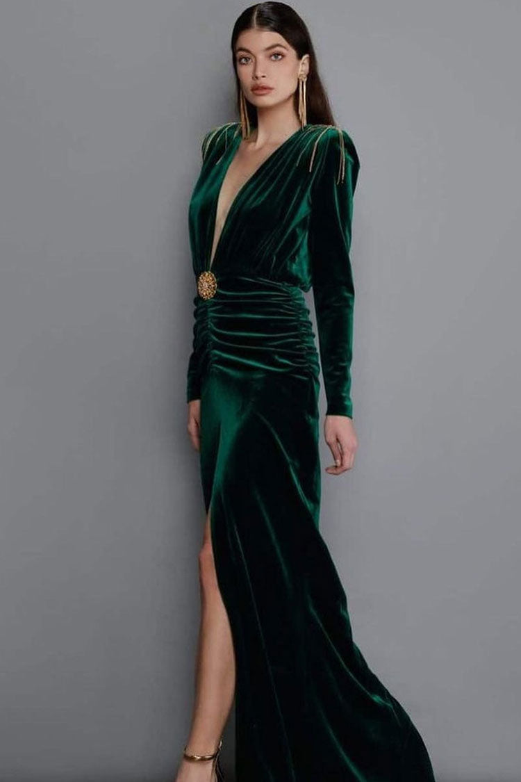 Deep V Long Sleeve Fringe Evening Maxi Dress - Emerald Green - Fashionpara