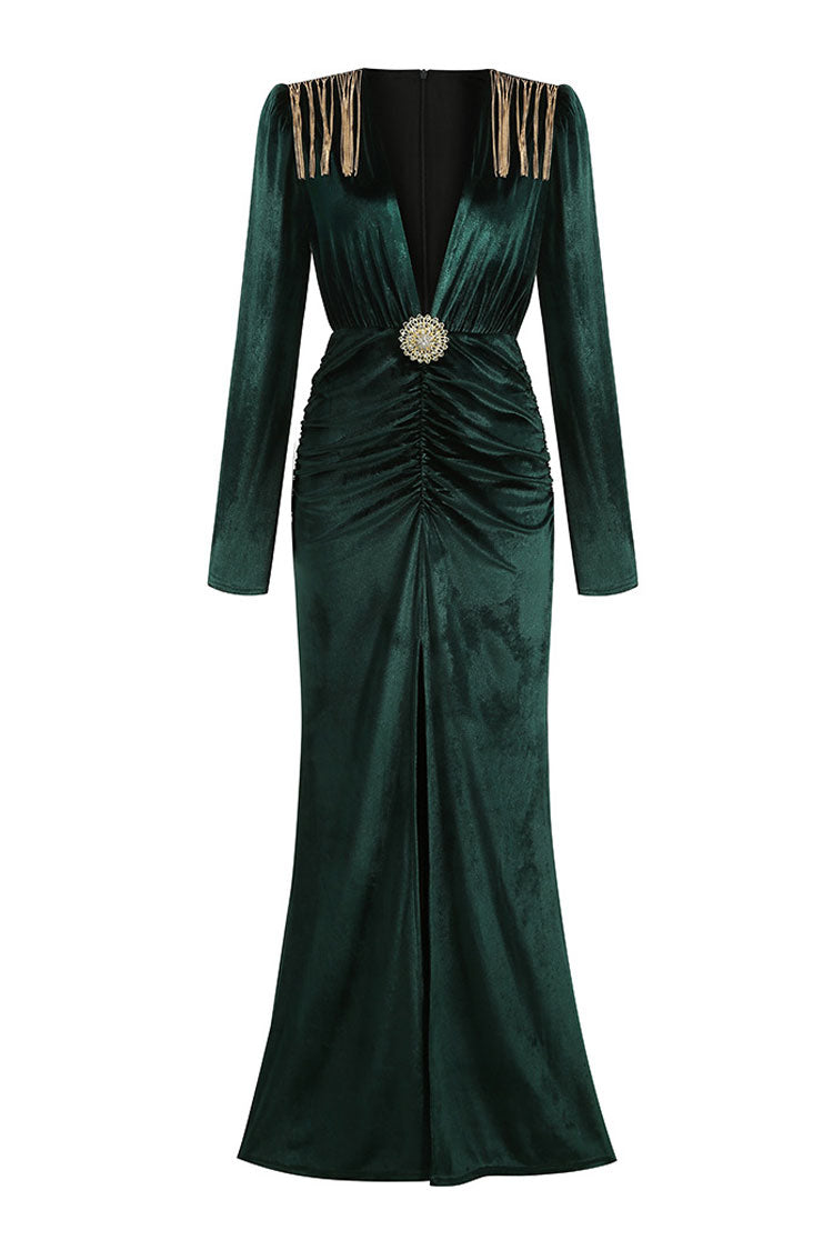 Deep V Long Sleeve Fringe Evening Maxi Dress - Emerald Green - Fashionpara