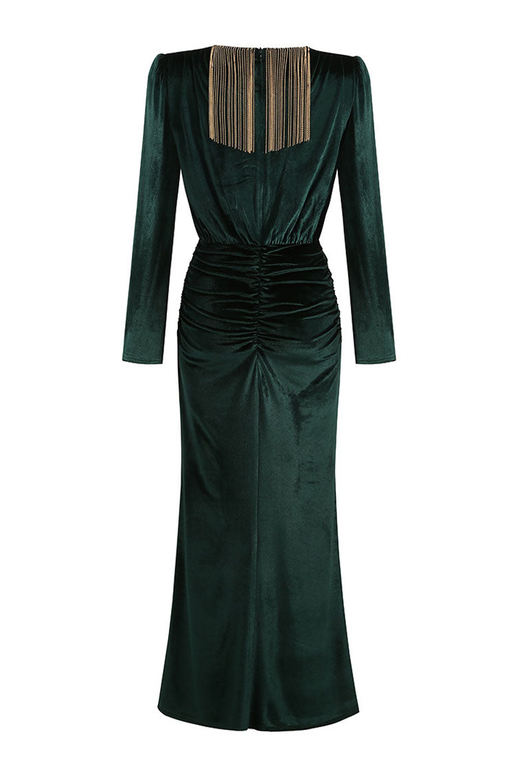 Deep V Long Sleeve Fringe Evening Maxi Dress - Emerald Green - Fashionpara