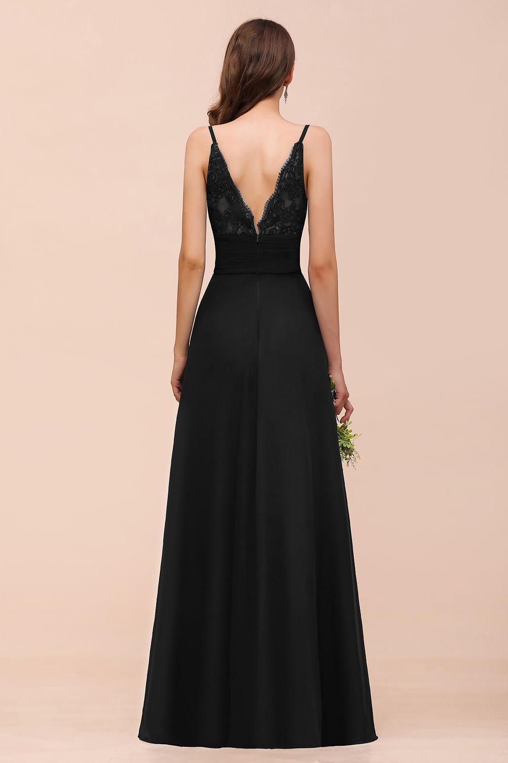 Deep V Neck Spaghetti Straps Slit Long Black Bridesmaid Dresses - Fashionpara