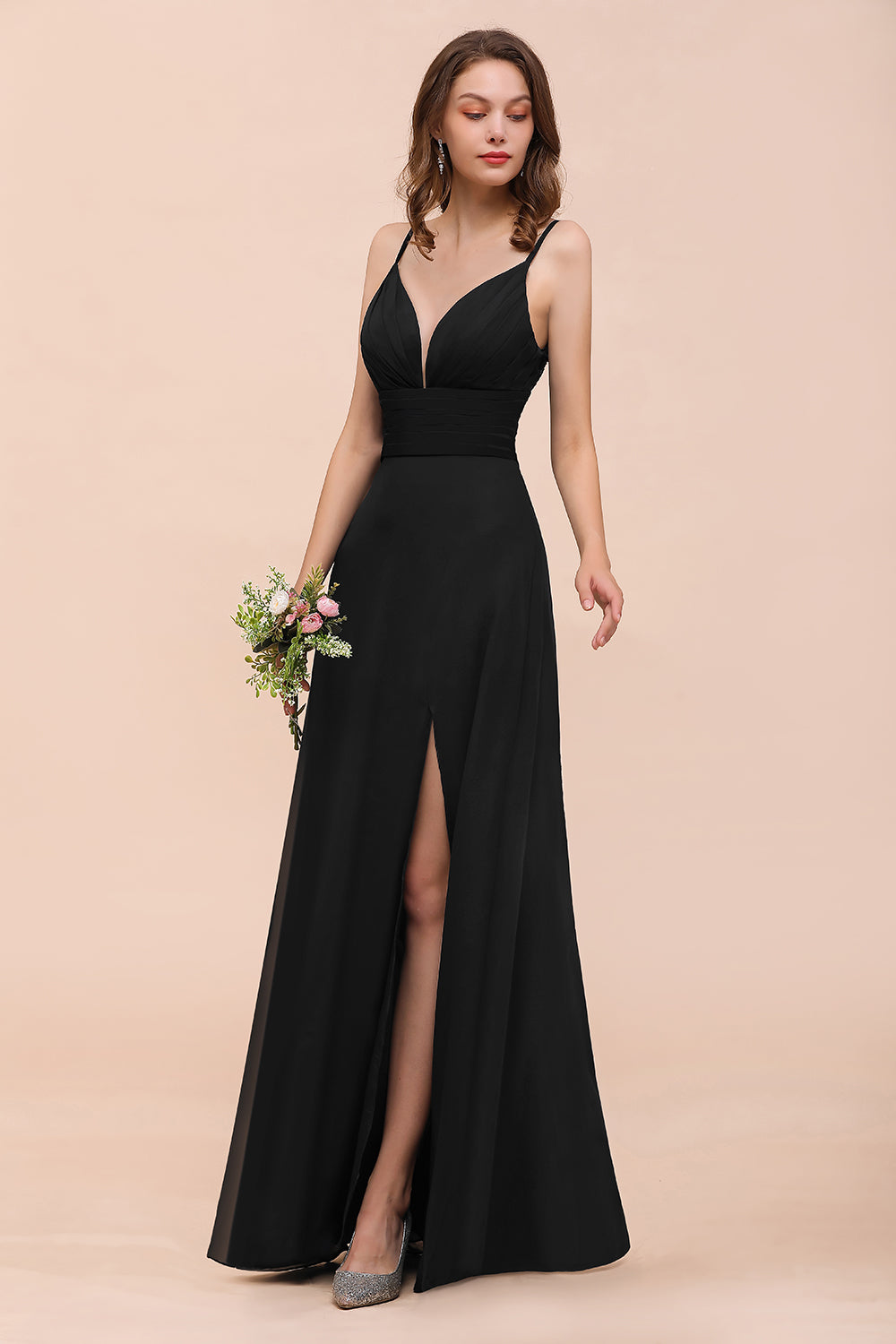 Deep V Neck Spaghetti Straps Slit Long Black Bridesmaid Dresses